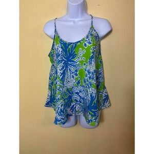 Lilly Pulitzer Women's 100% Silk Sleeveless‎ Tank Top Blue Green Floral Print M